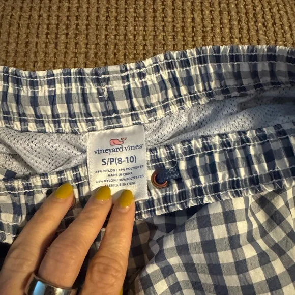 Boys Vineyard Vines Blue Swim Trunks with Gingham Pattern Sz 8-10 American Flag - Picture 3 of 4